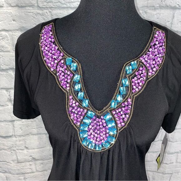 Calessa vneck short sleeve flowy mini dress with beads & jewels NWT sz S - Picture 5 of 11